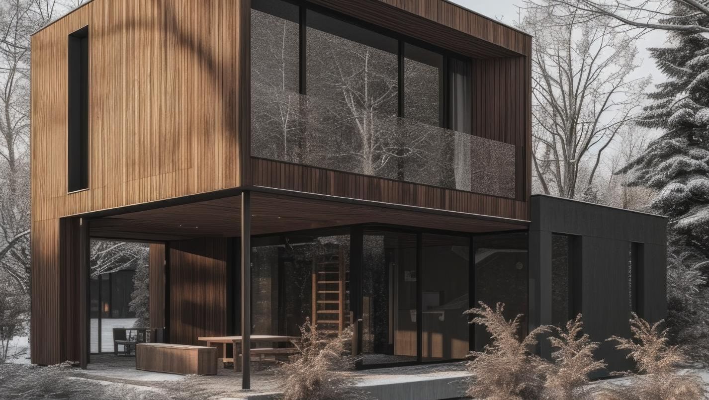 Moderne funkisbolig med brunt treverk